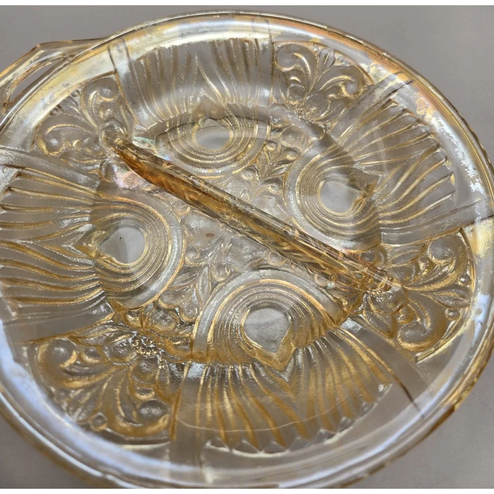 Vintage Divided Relish Dish Iridescent Light Amber Carnival Glass B#27